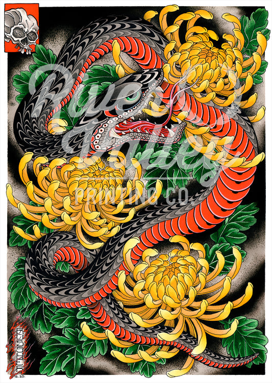 Snake and Chrysanthemums